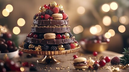 Extravagant Chocolate Tower with Gold Flakes, Berries, Macarons, and Festive Fairy Lights