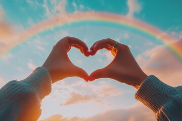 Person's Hands Forming a Heart Shape Against a Rainbow Sky, Shot in Incredible Clarity