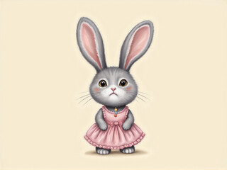 Obraz premium A cute, stylized gray rabbit wearing a pink dress with a bow and a necklace, set against a soft beige background.