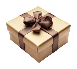 Obraz premium Elegant gold gift box with brown ribbon on for special occasions high fidelity close-up luxury concept isolated on transparent background png