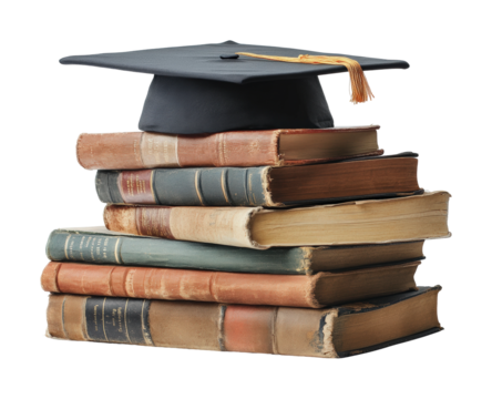 Graduation celebration academic success stack of books high fidelity educational achievement inspirational moment isolated on transparent background png - Powered by Adobe