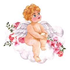 Watercolor hand draw cute baby Cupid. Valentines day illustration with angel, flowers, clouds, isolated on white background