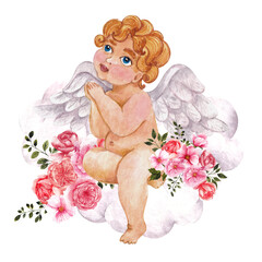 Watercolor hand draw cute baby Cupid. Valentines day illustration with angel, flowers, clouds, isolated on white background