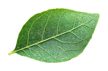 Digital circuit pattern on green leaf nature study high fidelity close-up technology concept isolated on transparent background png