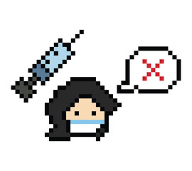 Pixel cartoon 8bit character woman sick medicine patient remedy sick unwell feel decoration 8 bit female girl lady drug pill 8bit isolated PNG vector.