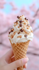 A Hand Holds Delicious Vanilla Ice Cream Cone