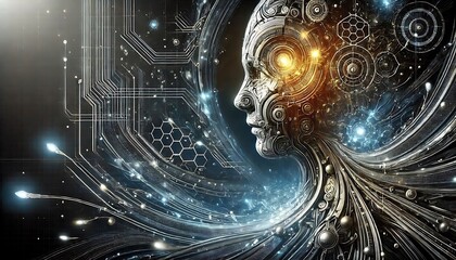 Cybernetic futuristic background with biomechanical textures, glowing veins, and fusion of organic and metallic elements. Generative AI