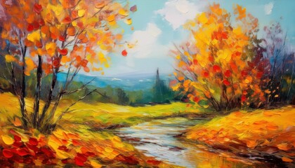 Vibrant Autumnal Canvas A Symphony of Oranges, Reds and Yellows in a Breathtaking Forest Landscape, Bathed in the Soft Light of Dusk.