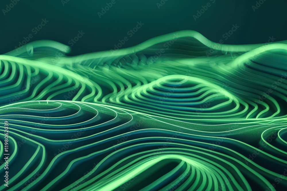 Poster green and black image of a wave with a lot of lines. the image has a futuristic and abstract feel to