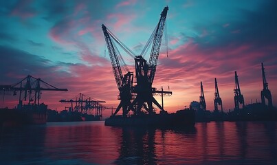 Obraz premium Silhouetted Cranes at Sunset Harbor