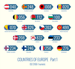 Set of vector illustrations of of ISO 3166 1 numeric and flags of the European Union countries. Part 1.
