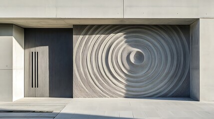 A front door with concentric circles etched into a smooth concrete finish 