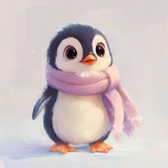 Fototapeta premium Cute penguin wearing scarf, snowy background, winter scene, child's book illustration