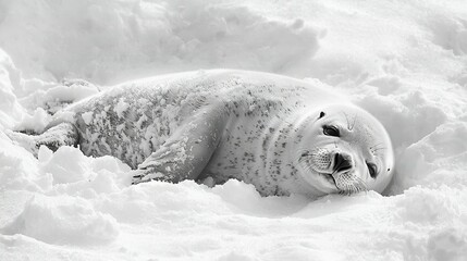 Naklejka premium A seal rests atop snow, adjacent to three stacks of snow