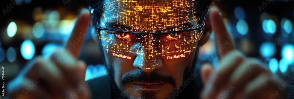Aufkleber character in futuristic glasses immersed in a digital code matrix-style environment