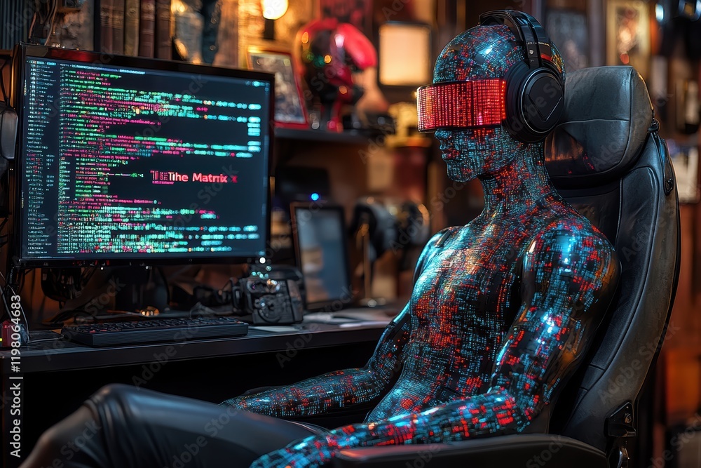 Poster creatively designed futuristic figure immersed in code at a tech-inspired workspace