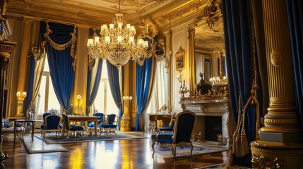 Obraz premium Opulent Gold and Blue Palace Interior: A Glimpse into Royal Grandeur