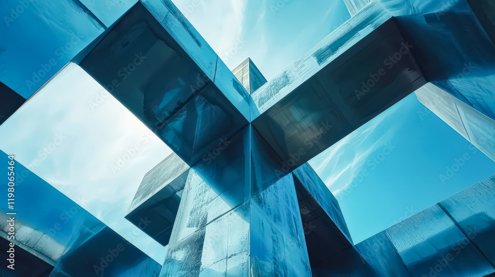 Poster blue sky with a few clouds and a building with a lot of windows. the building is made of metal and h