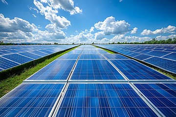 Vast Solar Panel Field Under a Bright Blue Sky