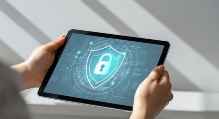 Person is holding a tablet with a blue shield on it