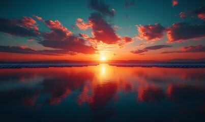 Vibrant Sunset over Calm Ocean with Red and Orange Clouds