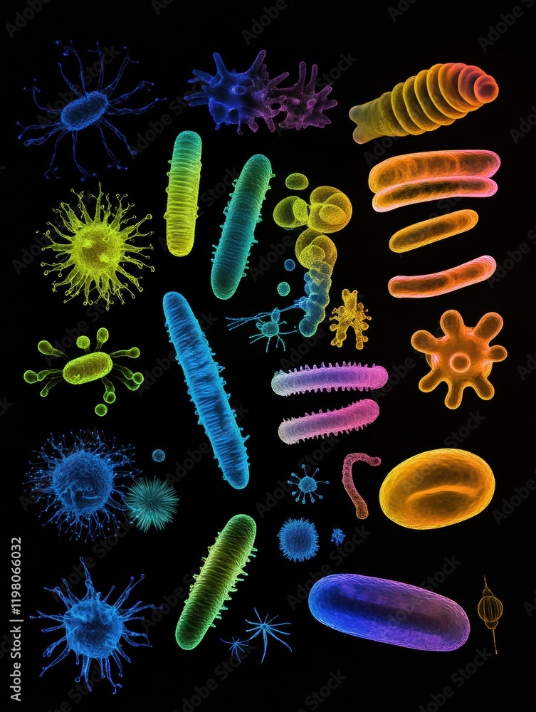 Poster sequence showing various stages of evolving bacteria in vibrant colors under microscopic view. gener