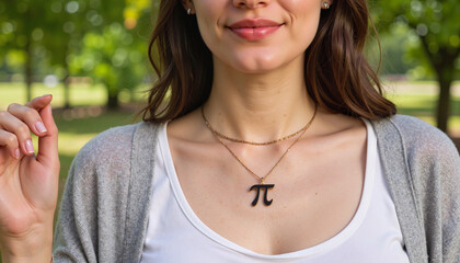 Person wearing pi symbol necklace in an outdoor setting under bright daylight, Pi Day