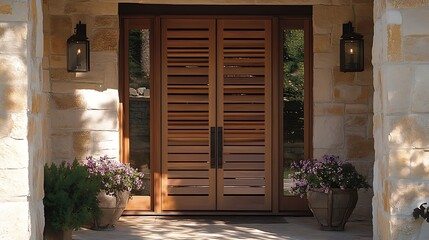 A front door with alternating horizontal slats of light and dark wood 