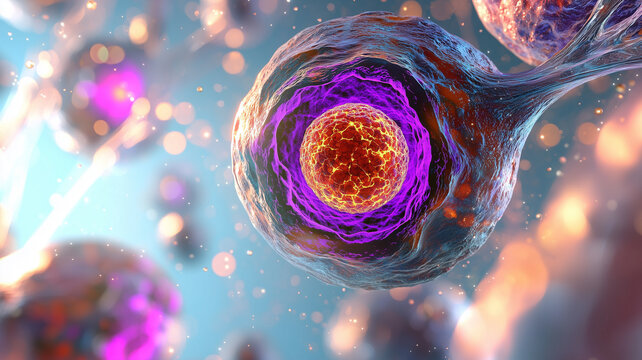 This image encapsulates a surreal representation of cells glowing in various hues, invoking a sense of wonder about microscopic worlds
