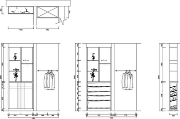 vector sketch, silhouette illustration, cupboard furniture design drawing for bedroom interior 