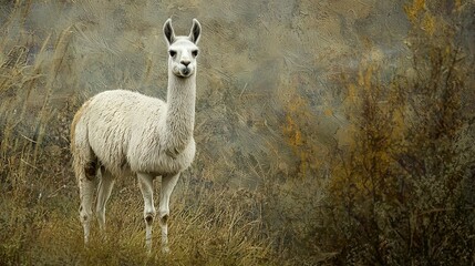 Fototapeta premium White llama grazing amidst tall grass, green bushes & brown backdrop
