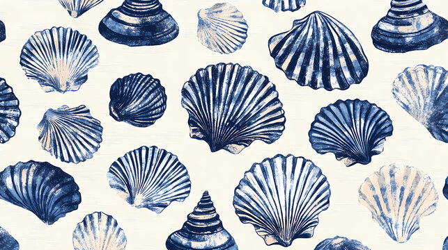 Azure blue white shell motif with linen seamless batik background, modern coastal beach cottage rustic shell block print home decor pattern design in sealife beach style. Seashell. Illustration