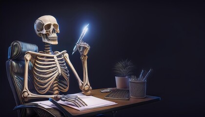 Skeleton sitting at desk with knife and notebook in hand
