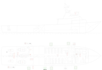 vector sketch, silhouette illustration, design technical drawing for oil supply boat construction with size scale