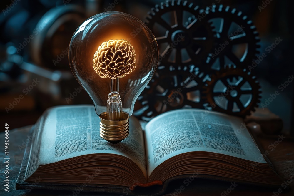 Poster knowledge lightbulb glowing with brain inside rests atop open book. gears, mechanisms symbolize tech