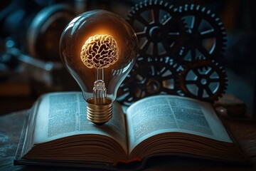 Knowledge lightbulb glowing with brain inside rests atop open book. Gears, mechanisms symbolize tech innovation. Image evokes innovative learning process, tech concepts. Study, inspiration central.