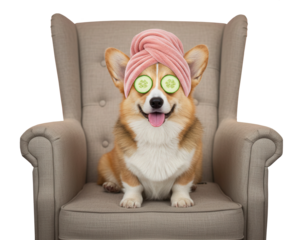 A corgi is sitting on a chair with cucumber slices on its eyes and a towel on its head. Spa treatment concept on a transparent background.