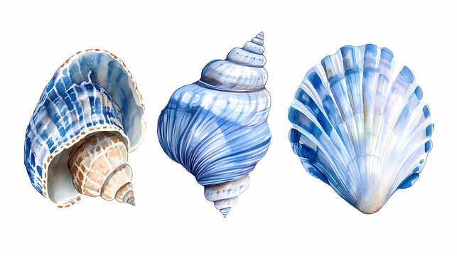 Blue seashells watercolor illustration. Seashell. Illustration