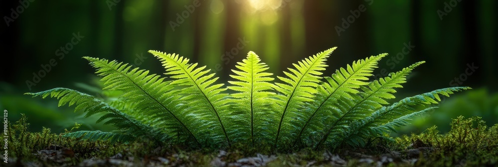 Poster lush green fern in a tranquil forest with soft light filtering through the trees