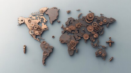 Crafted world map design made from antique brass gears showcasing intricate details that reflect artistry and innovation in mapmaking techniques and materials
