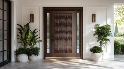 A front door with a woven metal texture in a matte bronze finish 