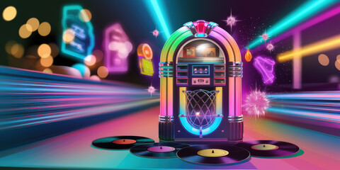 Retro Jukebox Vinyl Records Neon Lights Night Club 80s Music
