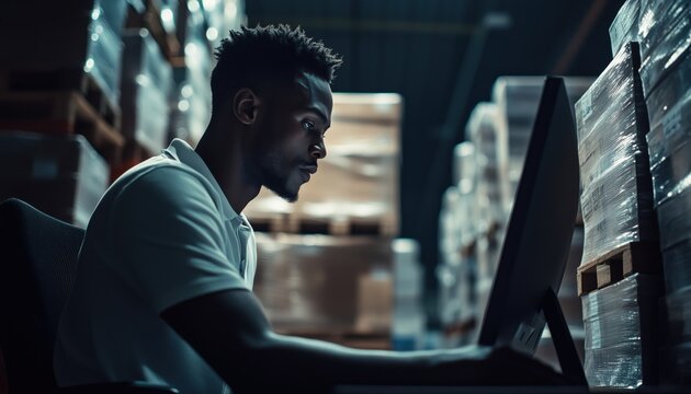 African American Worker Reviewing Inventory On Computer At Merchandise Quality Control In Storehouse; Stockroom Supervisor Preparing Customer Orders For Shipping In Warehouse. - Powered by Adobe