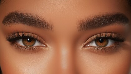 Obraz premium Meticulously Groomed Woman With Defined Eyebrows, Long Lashes, And Smooth Skin: Focus On Mascara Brand, Lash Volume, And Eye Enhancement.