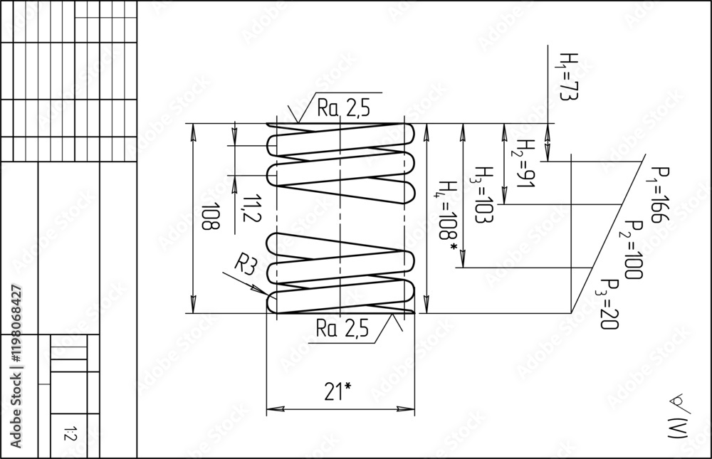 Poster assembly drawing of wire spring. vector design of steel mechanical device with dimension lines. engi