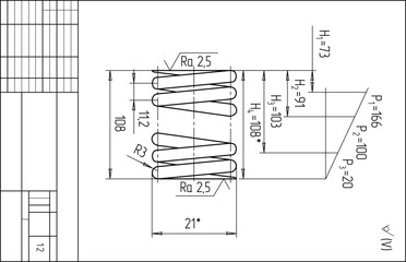 Assembly drawing of wire spring.
Vector design of steel mechanical device with 
dimension lines.
Engineering technic computer cad scheme on 
paper sheet. Hand drawn sketch.
Technical template.