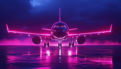 Digital Rendering Of A Plane With Dark Neon Light Effect - A Unique And Eye-Catching Representation Of A Modern Aircraft.