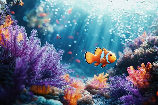 Deci and white striped fish against the background of underwater vegetation