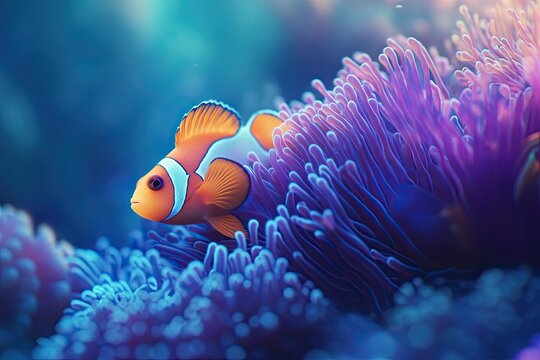 Deci and white striped fish against the background of underwater vegetation
