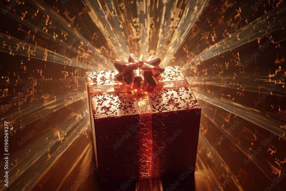 Poster gift box illuminated by rays of light creating a captivating puzzle effect